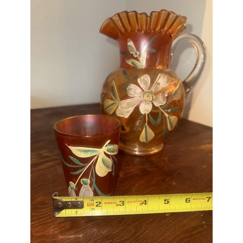 Fenton Marigold Carnival Glass Lotus Water Pitcher and 5 Glasses Set Vintage